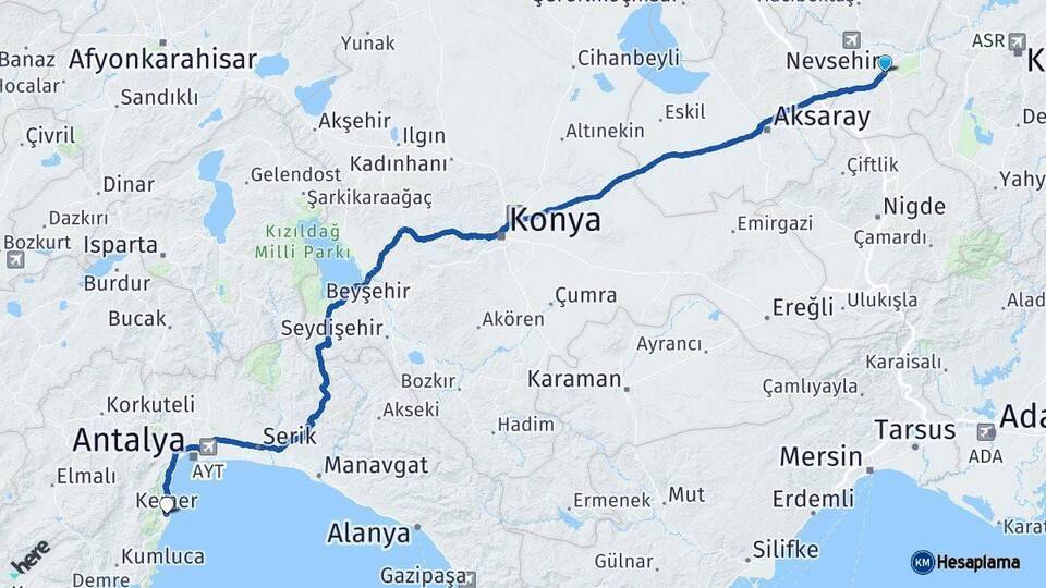 Nevşehir Kemer Antalya Arası Kaç Km - Yol Haritası
