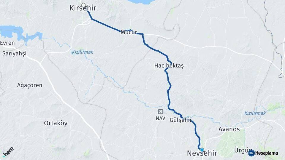 Nevşehir Kırşehir Arası Kaç Km - Yol Haritası