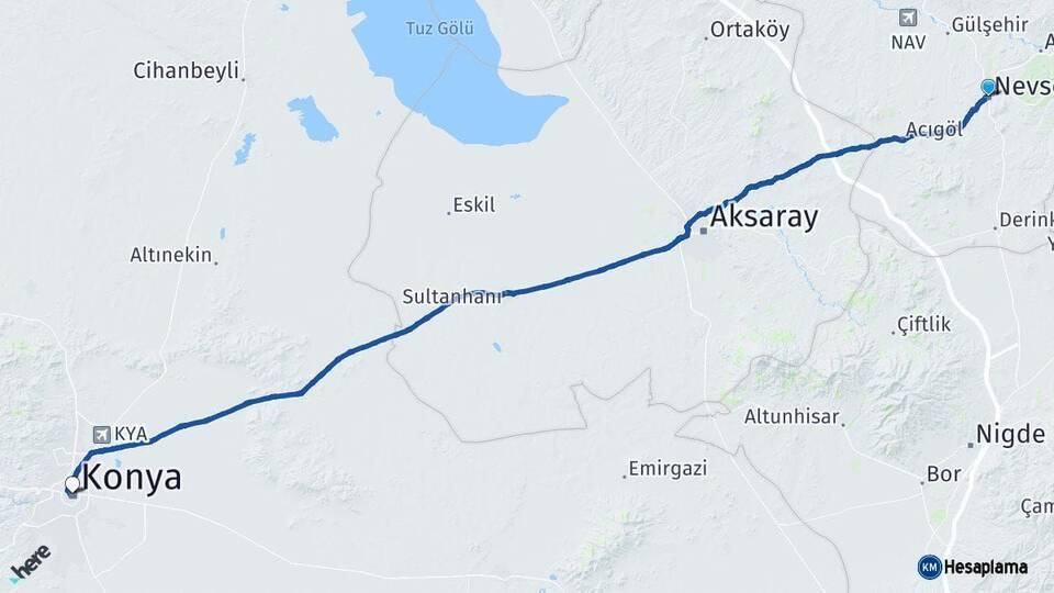 Nevşehir Konya Arası Kaç Km - Yol Haritası