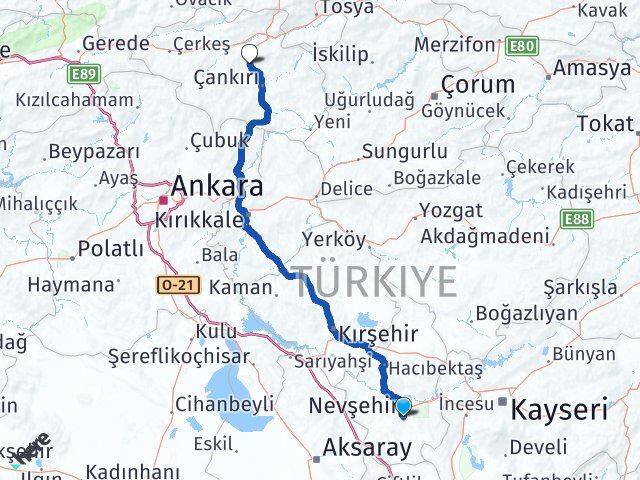 Nevşehir Korgun Çankırı Arası Kaç Km - Yol Haritası