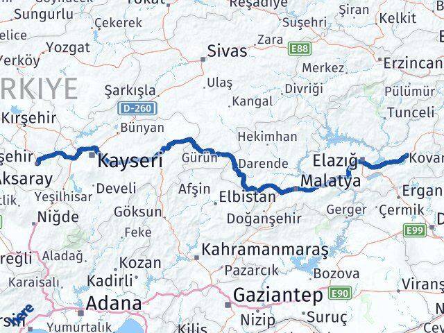 Nevşehir Kovancılar Elazığ Arası Kaç Km - Yol Haritası
