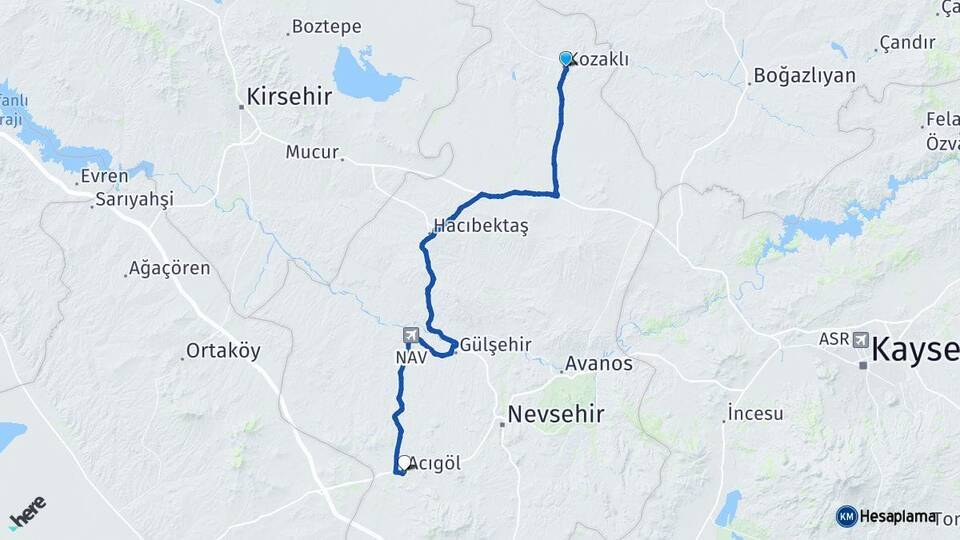 Nevşehir Kozaklı Acıgöl Arası Kaç Km - Yol Haritası