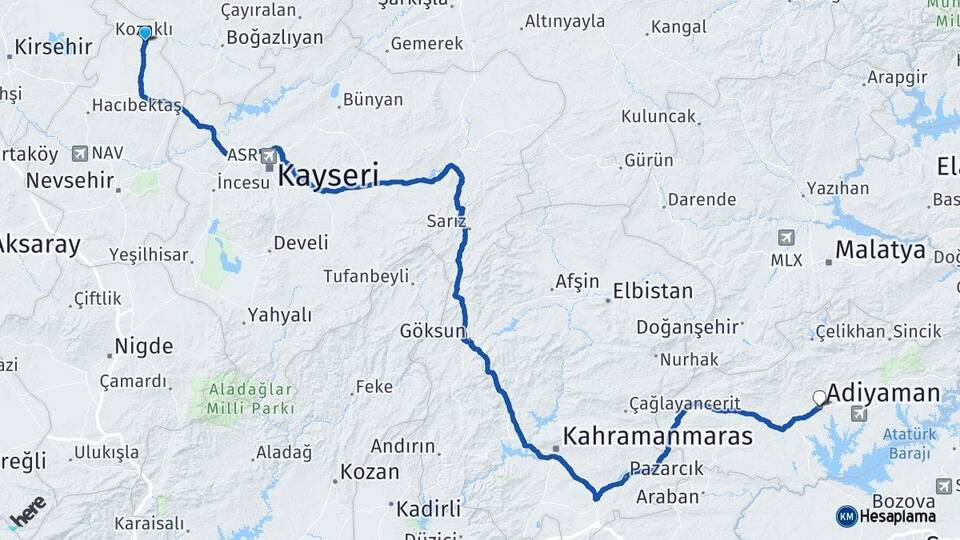 Nevşehir Kozaklı Adıyaman Arası Kaç Km - Yol Haritası