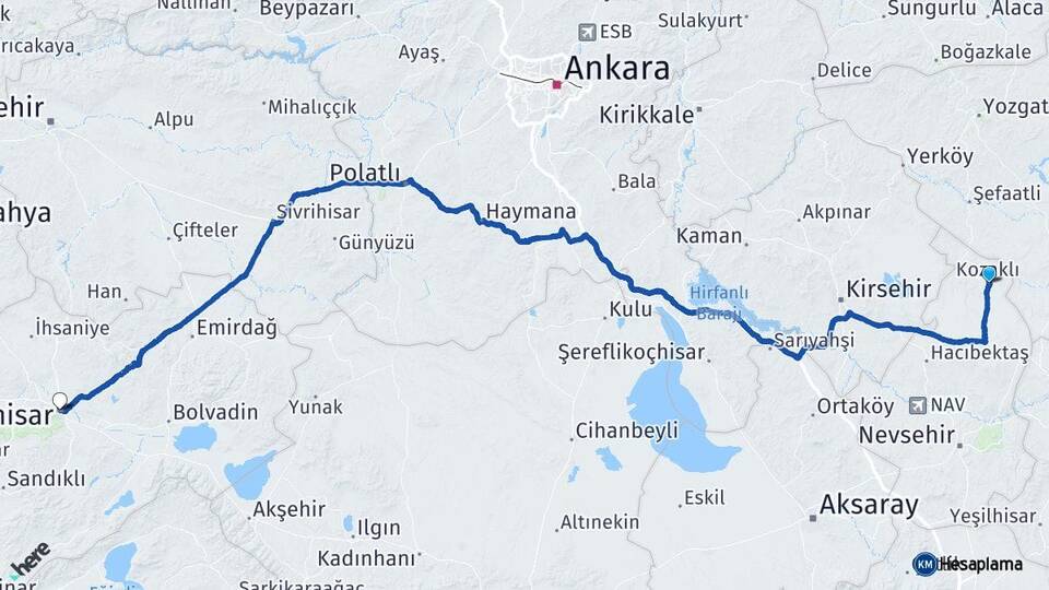 Nevşehir Kozaklı Afyonkarahisar Arası Kaç Km - Yol Haritası