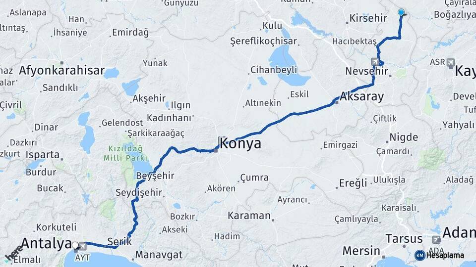 Nevşehir Kozaklı Antalya Arası Kaç Km - Yol Haritası