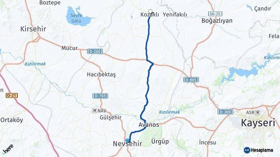 Nevşehir Kozaklı Arası Kaç Km - Yol Haritası