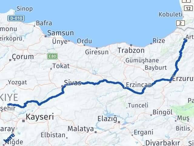 Nevşehir Kozaklı Artvin Arası Kaç Km - Yol Haritası