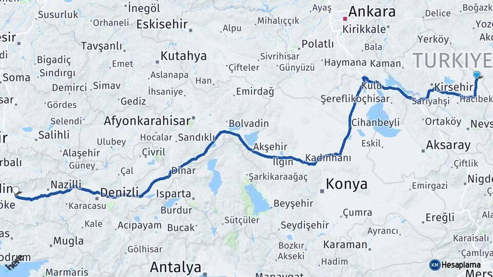 Nevşehir Kozaklı Aydın Arası Kaç Km - Yol Haritası