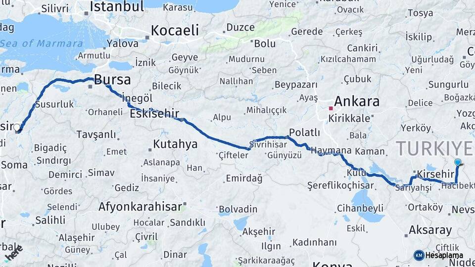 Nevşehir Kozaklı Balıkesir Arası Kaç Km - Yol Haritası