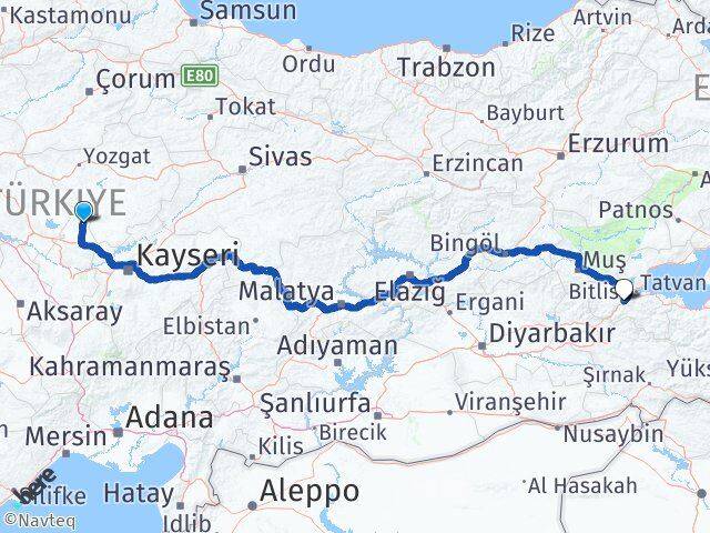 Nevşehir Kozaklı Bitlis Arası Kaç Km - Yol Haritası