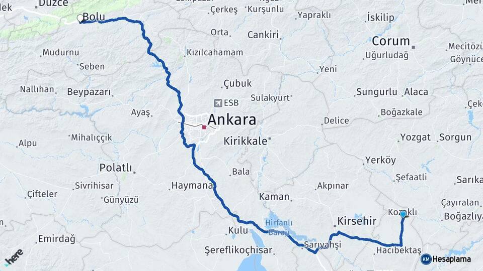 Nevşehir Kozaklı Bolu Arası Kaç Km - Yol Haritası