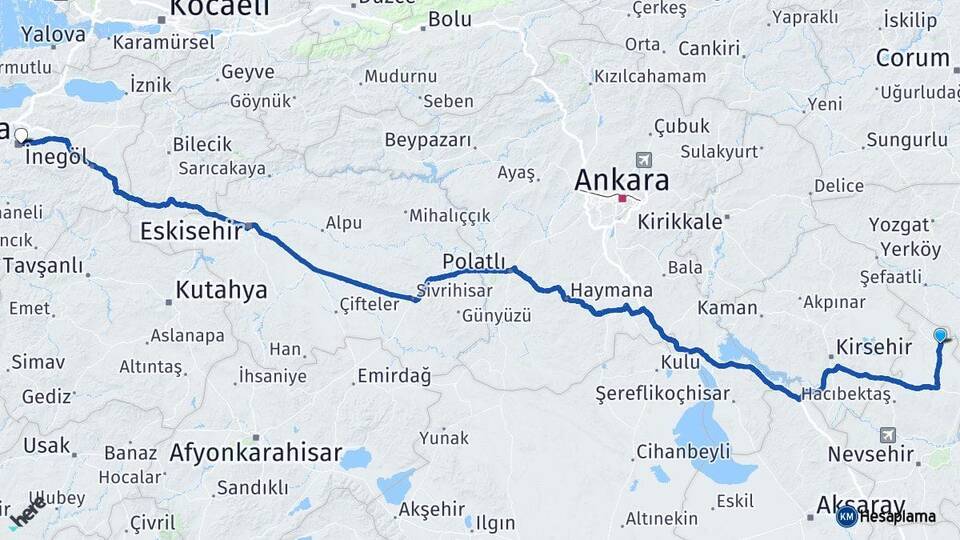 Nevşehir Kozaklı Bursa Arası Kaç Km - Yol Haritası