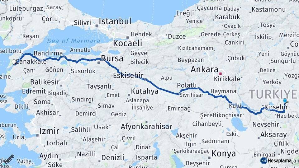 Nevşehir Kozaklı Çanakkale Arası Kaç Km - Yol Haritası