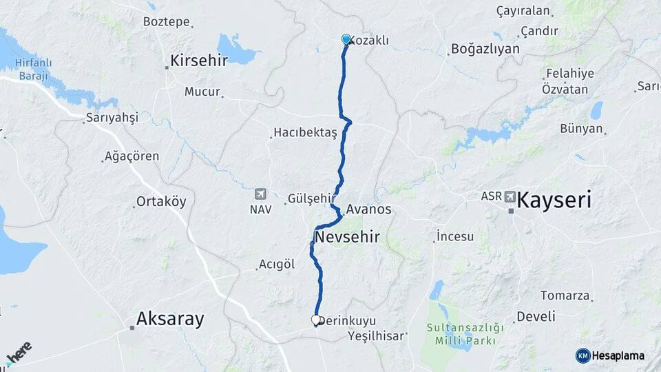 Nevşehir Kozaklı Derinkuyu Arası Kaç Km - Yol Haritası