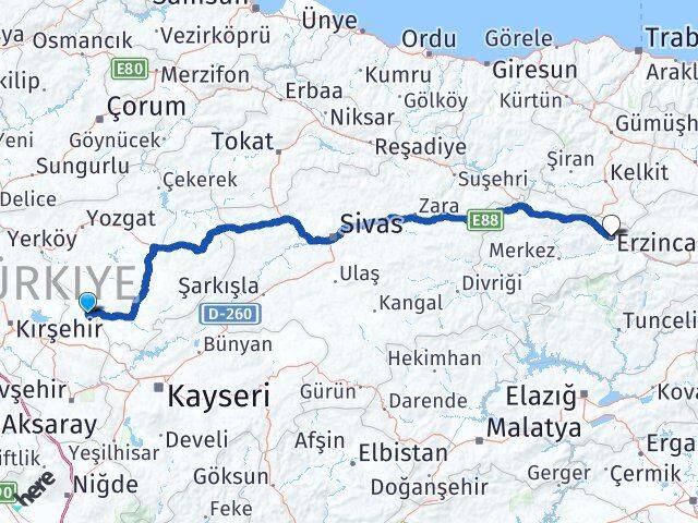 Nevşehir Kozaklı Erzincan Arası Kaç Km - Yol Haritası
