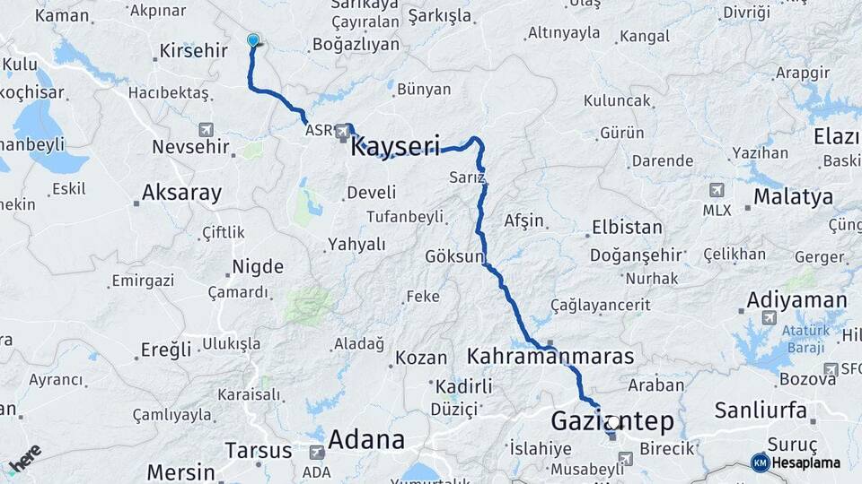 Nevşehir Kozaklı Gaziantep Arası Kaç Km - Yol Haritası