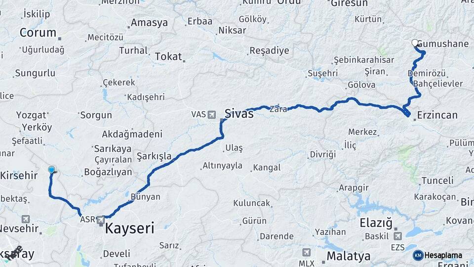 Nevşehir Kozaklı Gümüşhane Arası Kaç Km - Yol Haritası