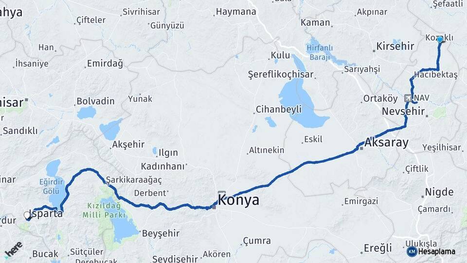 Nevşehir Kozaklı Isparta Arası Kaç Km - Yol Haritası