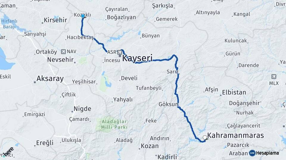 Nevşehir Kozaklı Kahramanmaraş Arası Kaç Km - Yol Haritası