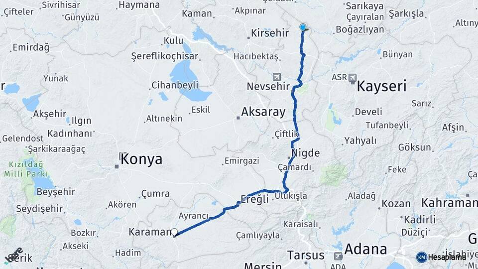 Nevşehir Kozaklı Karaman Arası Kaç Km - Yol Haritası
