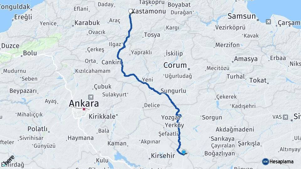 Nevşehir Kozaklı Kastamonu Arası Kaç Km - Yol Haritası