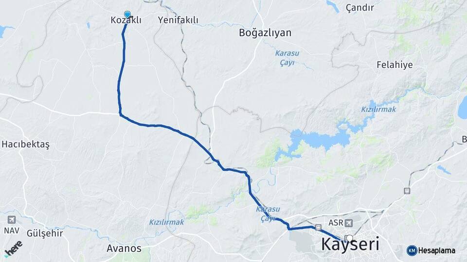 Nevşehir Kozaklı Kayseri Arası Kaç Km - Yol Haritası