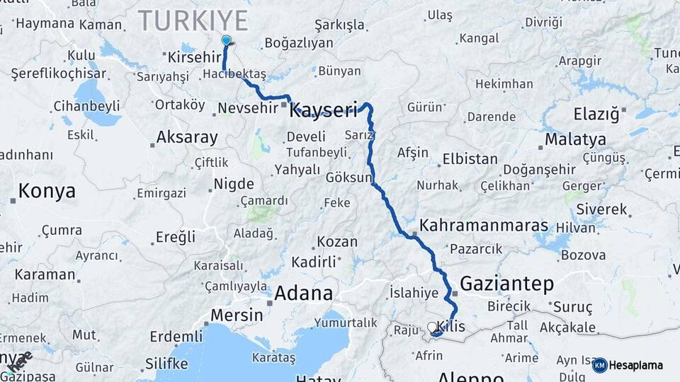 Nevşehir Kozaklı Kilis Arası Kaç Km - Yol Haritası