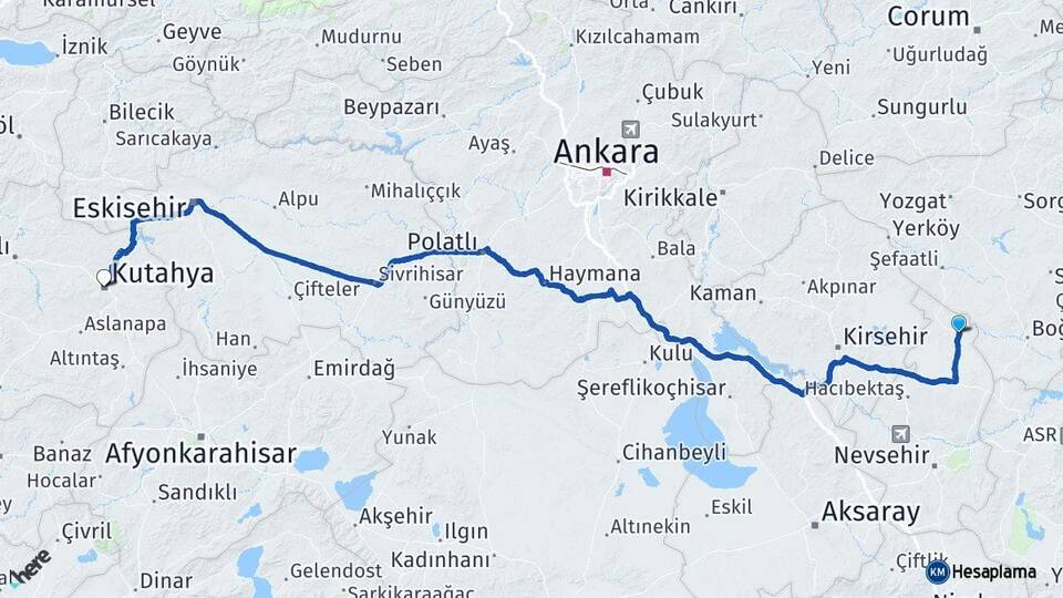 Nevşehir Kozaklı Kütahya Arası Kaç Km - Yol Haritası
