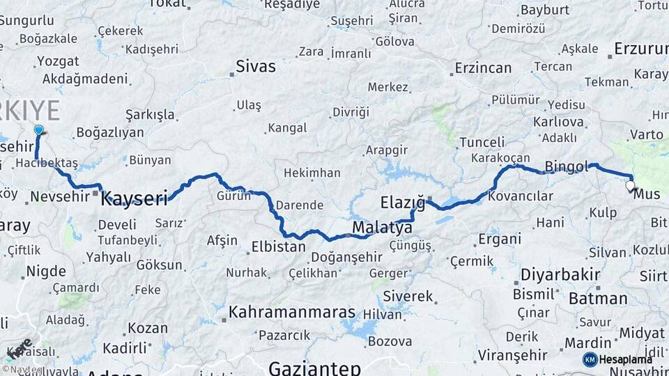 Nevşehir Kozaklı Muş Arası Kaç Km - Yol Haritası