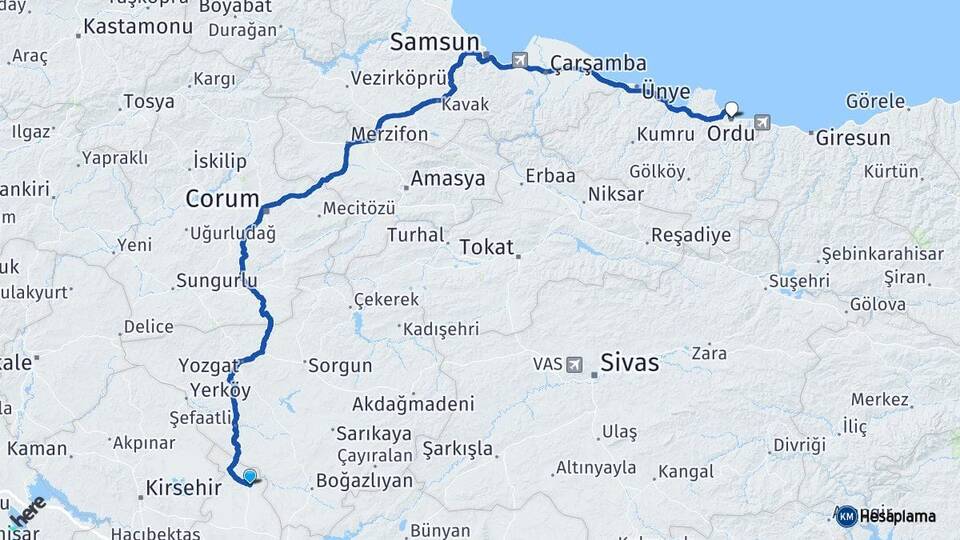 Nevşehir Kozaklı Ordu Arası Kaç Km - Yol Haritası