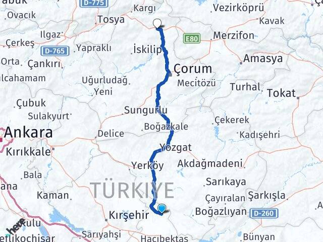 Nevşehir Kozaklı Osmancık Çorum Arası Kaç Km - Yol Haritası