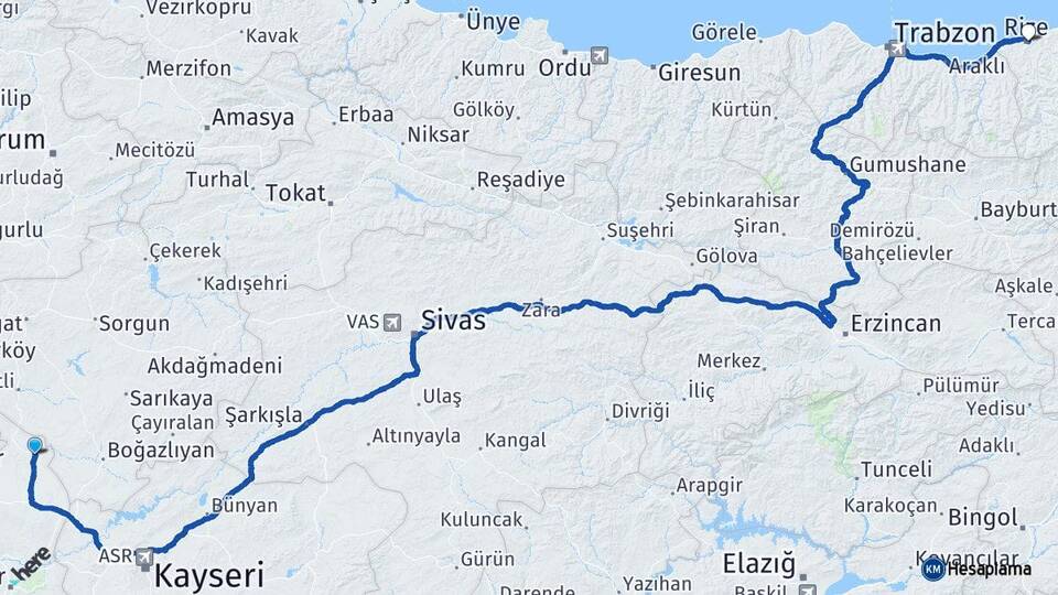 Nevşehir Kozaklı Rize Arası Kaç Km - Yol Haritası