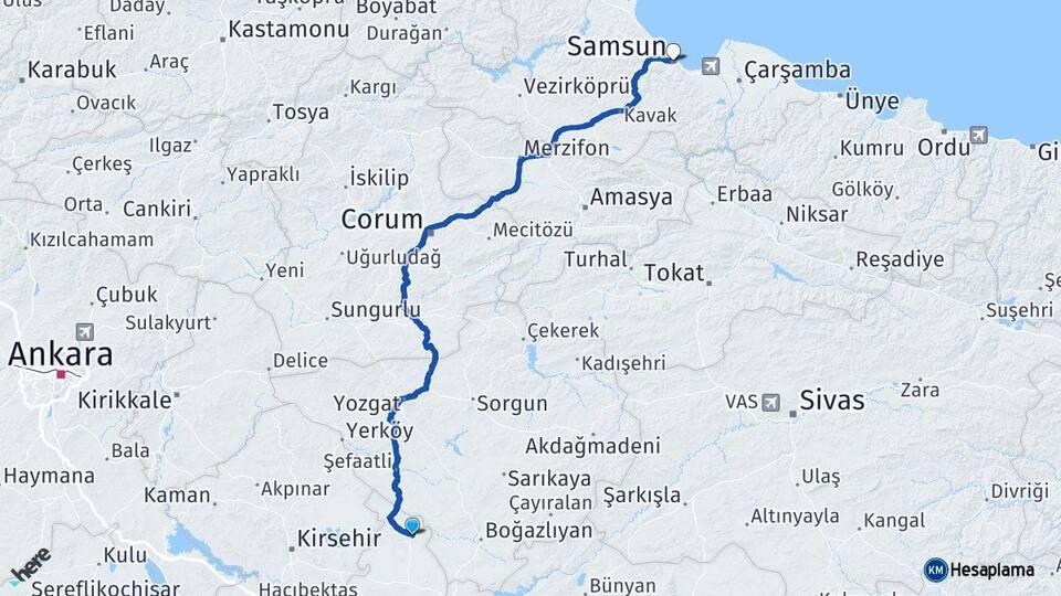 Nevşehir Kozaklı Samsun Arası Kaç Km - Yol Haritası