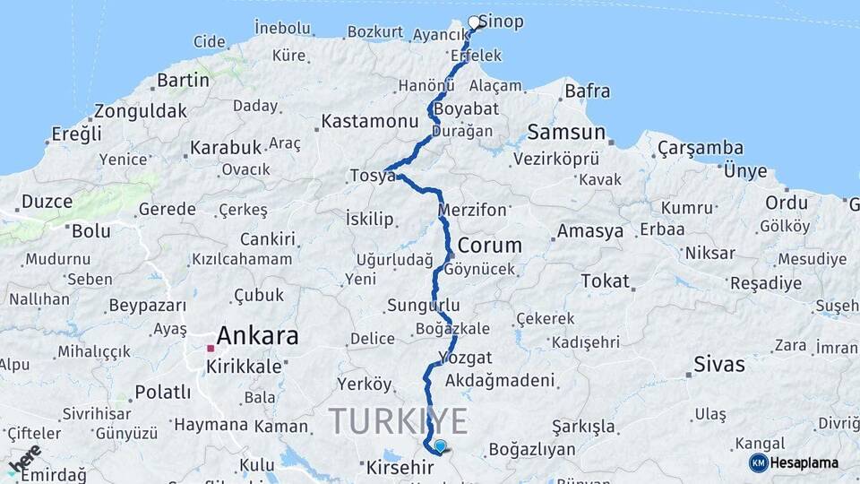 Nevşehir Kozaklı Sinop Arası Kaç Km - Yol Haritası