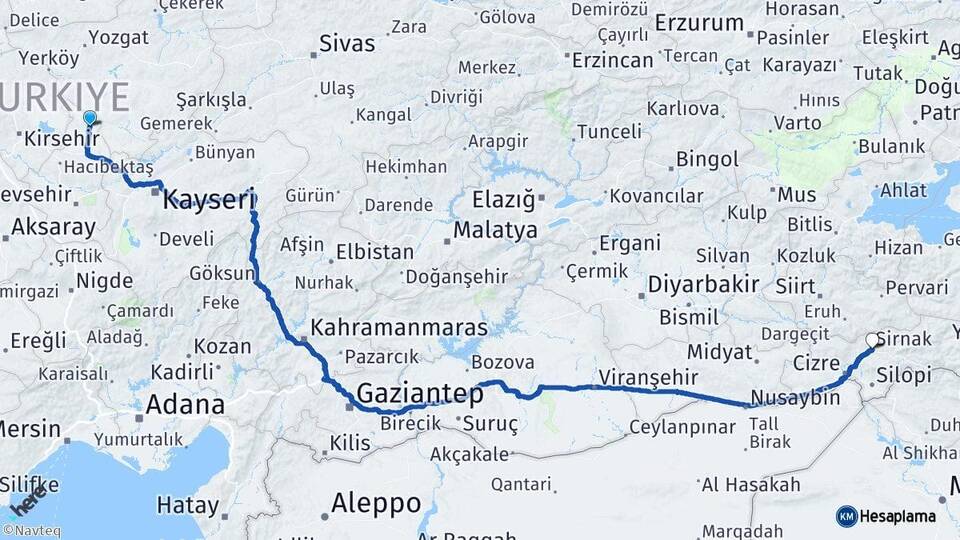 Nevşehir Kozaklı Şırnak Arası Kaç Km - Yol Haritası