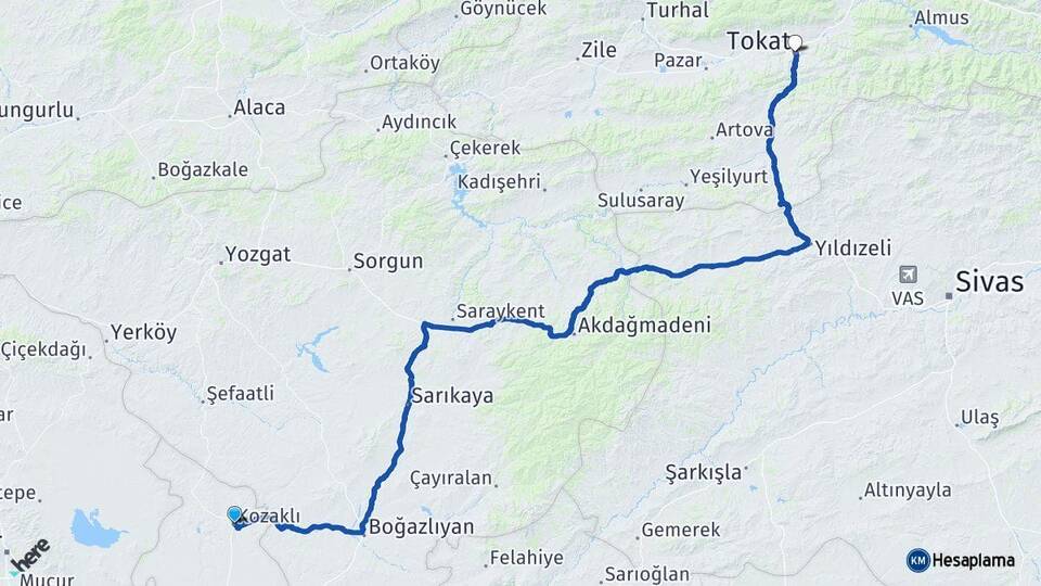 Nevşehir Kozaklı Tokat Arası Kaç Km - Yol Haritası