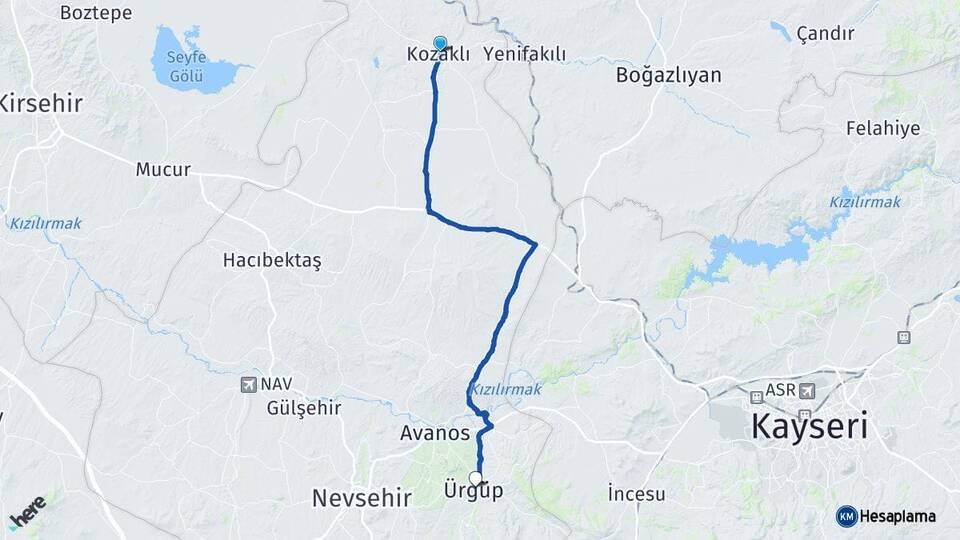 Nevşehir Kozaklı Ürgüp Arası Kaç Km - Yol Haritası