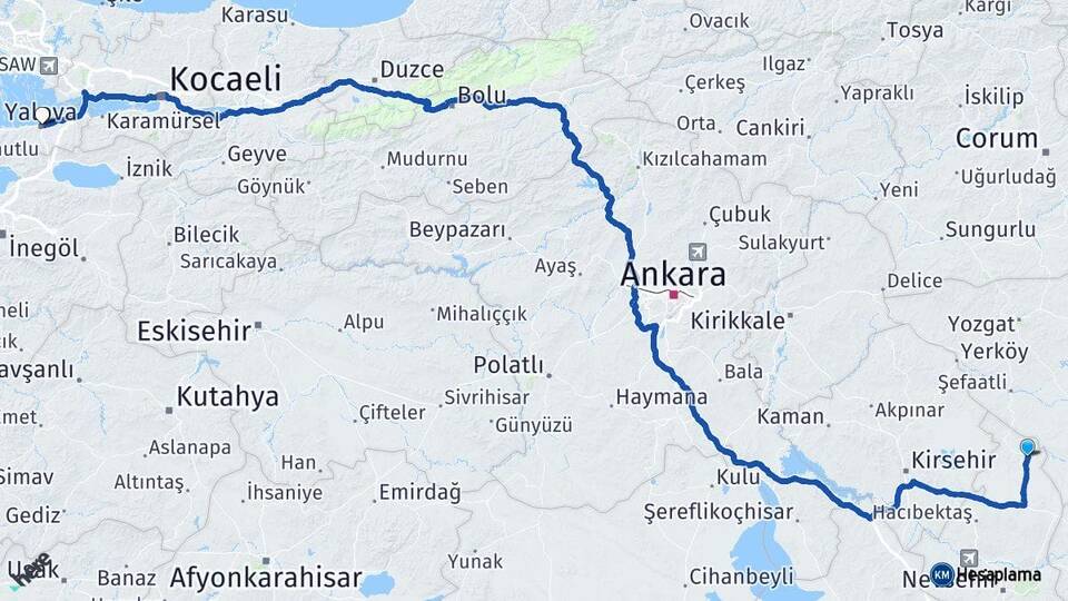Nevşehir Kozaklı Yalova Arası Kaç Km - Yol Haritası