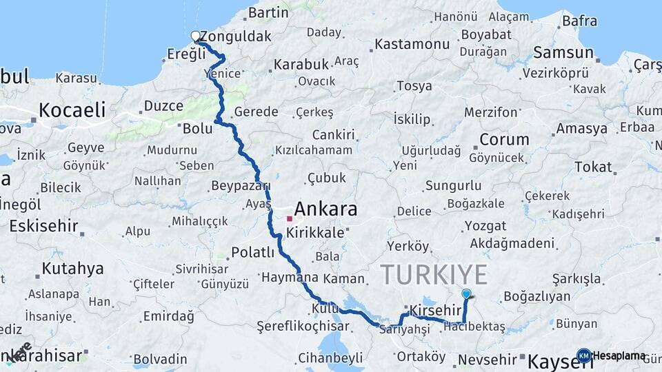 Nevşehir Kozaklı Zonguldak Arası Kaç Km - Yol Haritası
