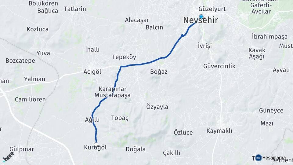 Nevşehir Kurugöl Acıgöl Arası Kaç Km - Yol Haritası