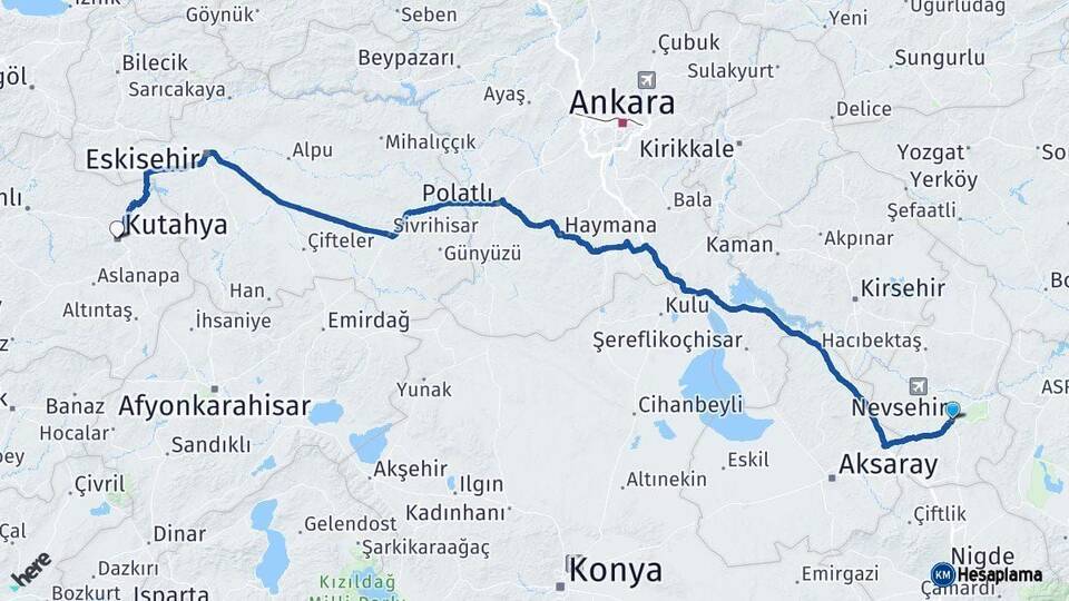 Nevşehir Kütahya Arası Kaç Km - Yol Haritası