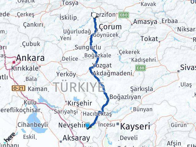 Nevşehir Laçin Çorum Arası Kaç Km - Yol Haritası