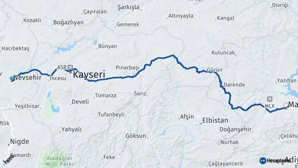 Nevşehir Malatya Arası Kaç Km - Yol Haritası