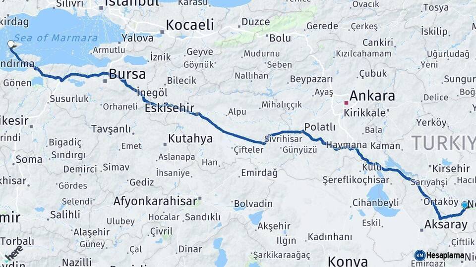 Nevşehir Marmara Balıkesir Arası Kaç Km - Yol Haritası