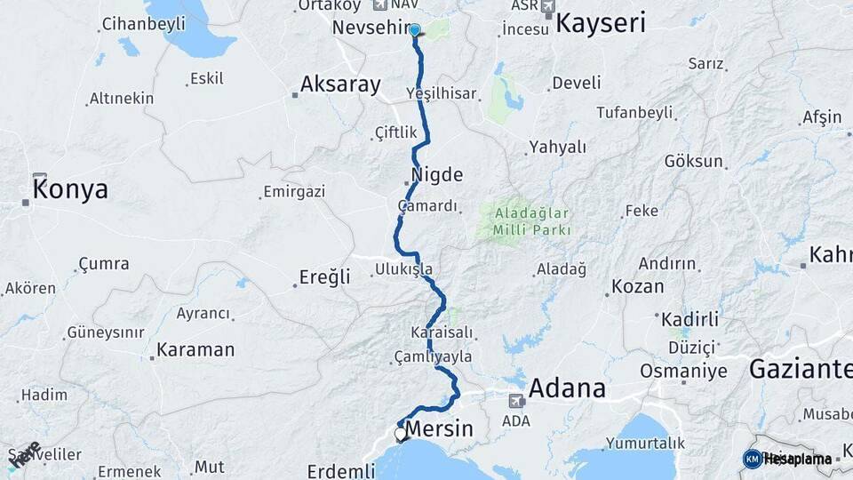 Nevşehir Mersin Arası Kaç Km - Yol Haritası
