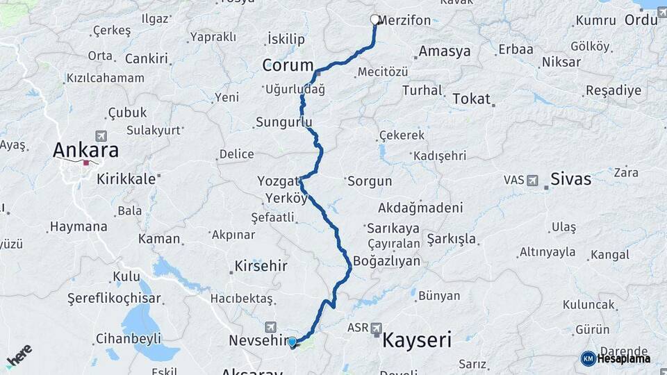Nevşehir Merzifon Amasya Arası Kaç Km - Yol Haritası