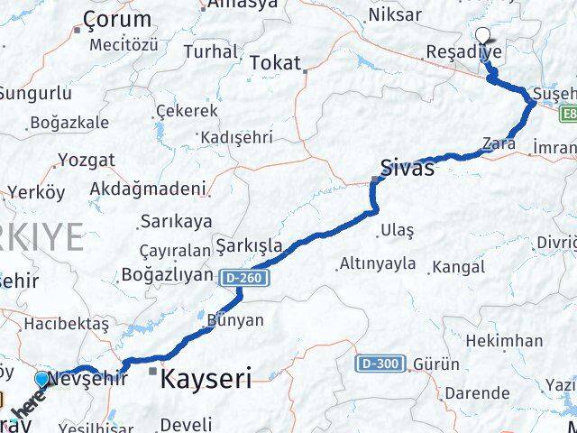 Nevşehir Mesudiye Ordu Arası Kaç Km - Yol Haritası