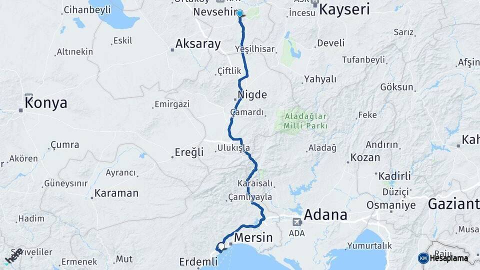 Nevşehir Mezitli Mersin Arası Kaç Km - Yol Haritası