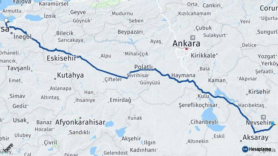 Nevşehir Mudanya Bursa Arası Kaç Km - Yol Haritası