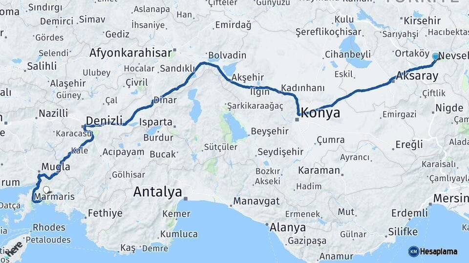 Nevşehir Muğla Arası Kaç Km - Yol Haritası